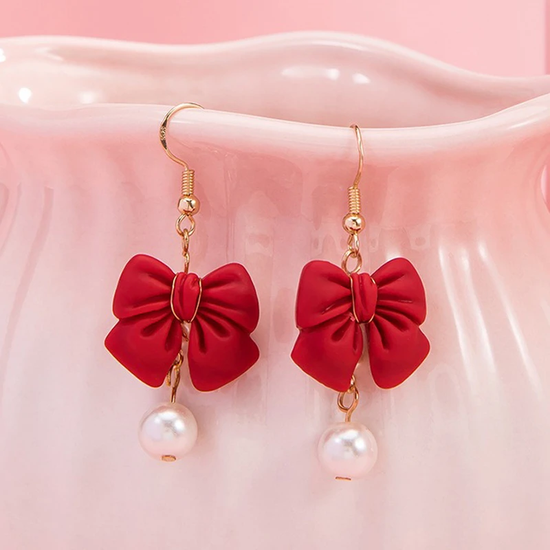 Girls-Bow-Earrings-Hanfu-Pearls-Red-Ear-Clips-3 Girls Bow Earrings Hanfu Pearls Red Ear Clips