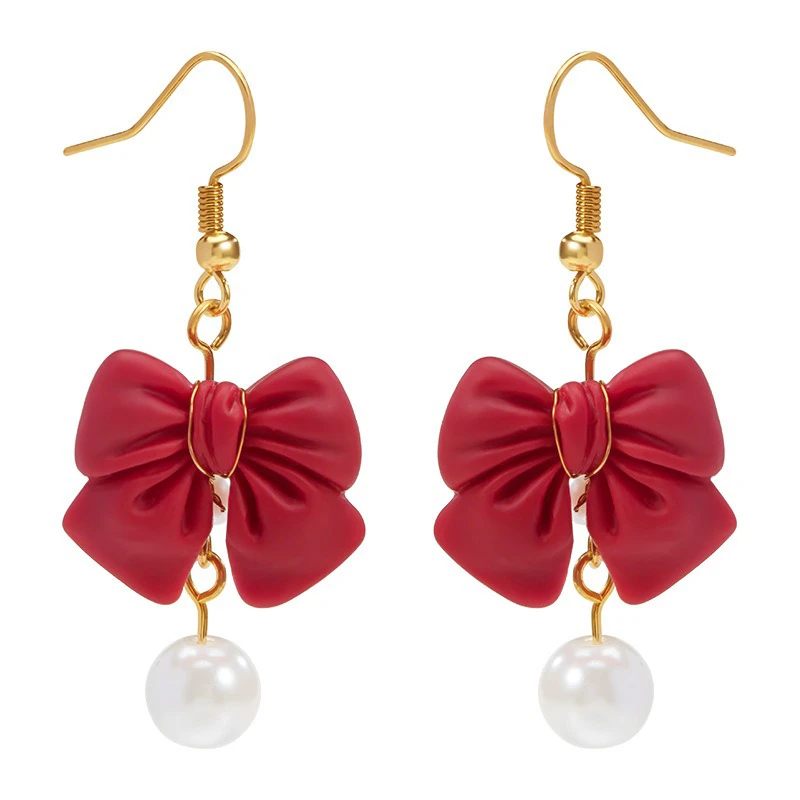Girls-Bow-Earrings-Hanfu-Pearls-Red-Ear-Clips-4 Girls Bow Earrings Hanfu Pearls Red Ear Clips