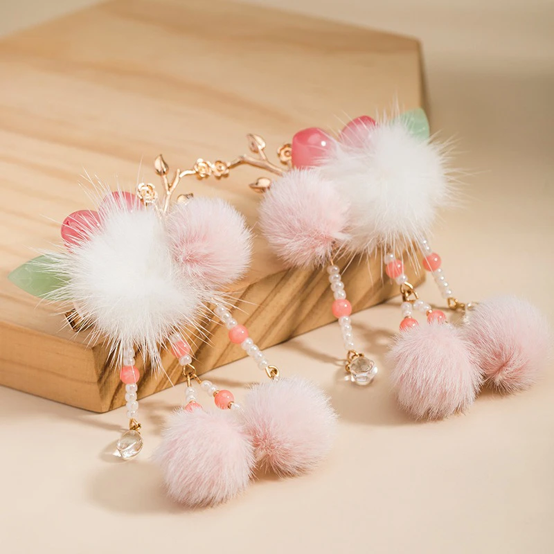 Hanfu-Pink-Headdress-Plush-Ball-Hair-Clip-Children's-Hair-Accessories-1 Hanfu Pink Headdress Plush Ball Hair Clip Children's Hair Accessories