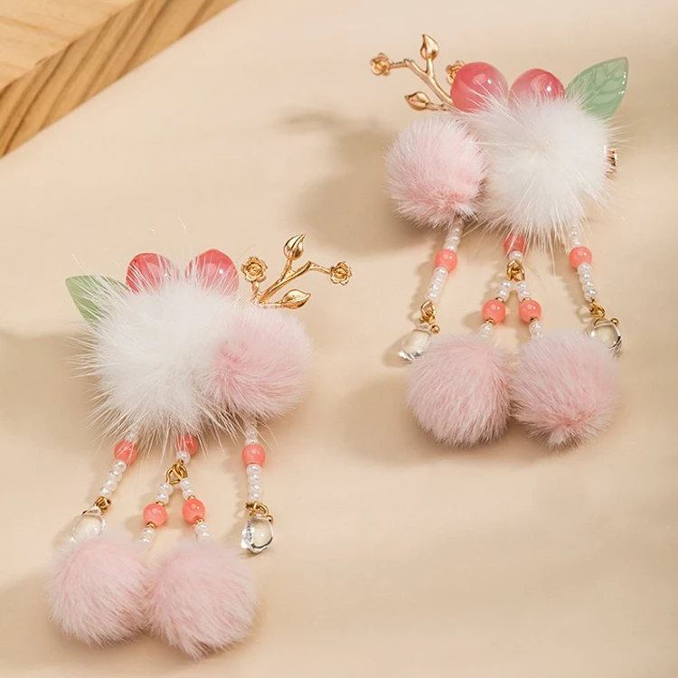 Hanfu Pink Headdress Plush Ball Hair Clip Children's Hair Accessories