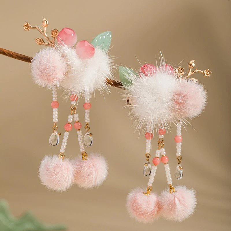 Hanfu-Pink-Headdress-Plush-Ball-Hair-Clip-Children's-Hair-Accessories-2 Hanfu Pink Headdress Plush Ball Hair Clip Children's Hair Accessories