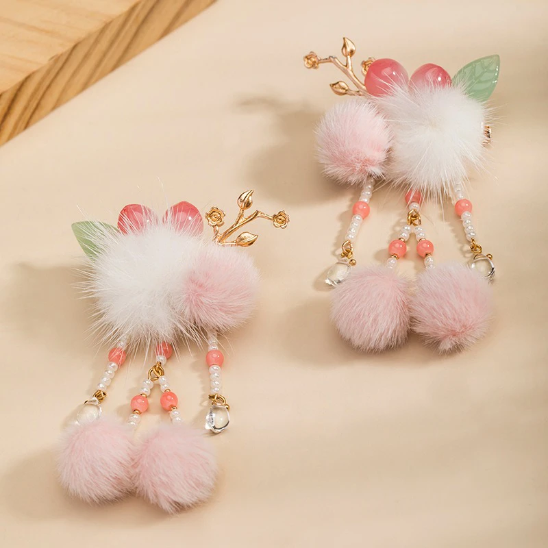 Hanfu-Pink-Headdress-Plush-Ball-Hair-Clip-Children's-Hair-Accessories-3 Hanfu Pink Headdress Plush Ball Hair Clip Children's Hair Accessories