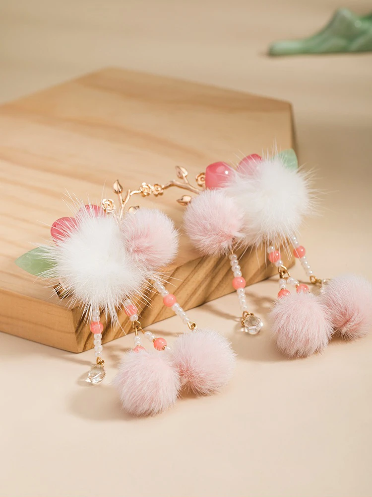 Hanfu Pink Headdress Plush Ball Hair Clip Children's Hair Accessories