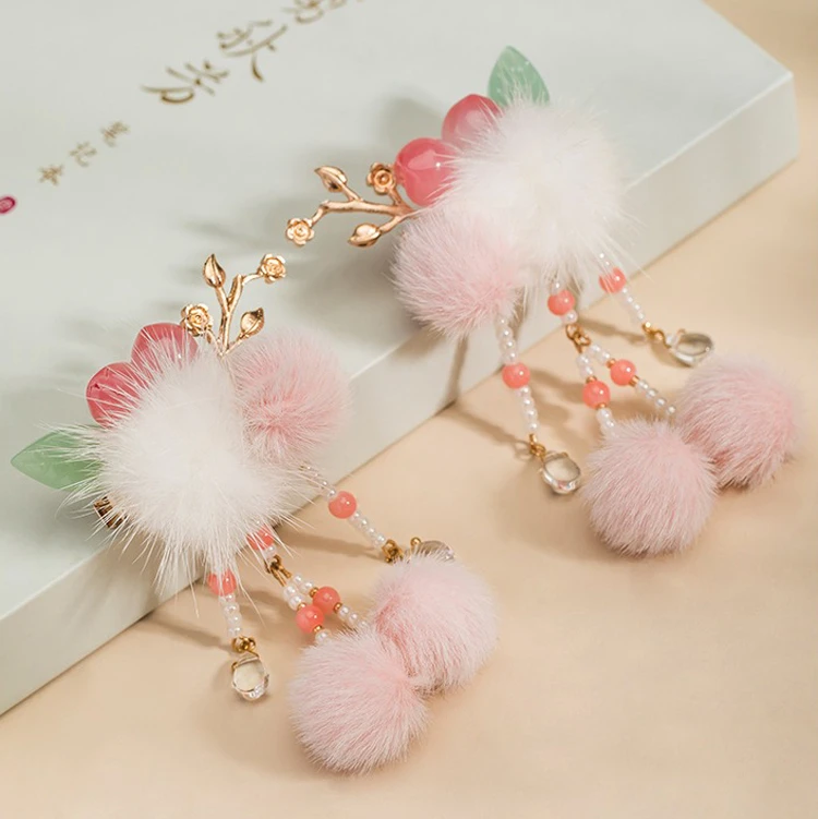 Hanfu Pink Headdress Plush Ball Hair Clip Children's Hair Accessories