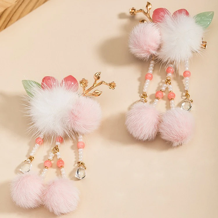 Hanfu Pink Headdress Plush Ball Hair Clip Children's Hair Accessories