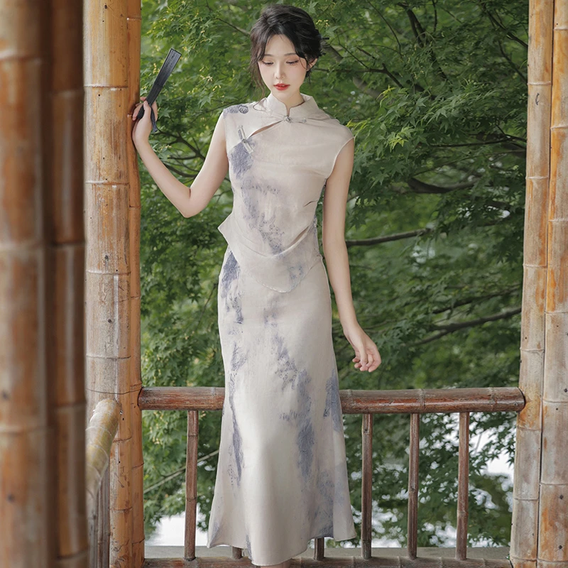 Ladies-Modern-Cheongsam-Ink-Elegant-Dress-Summer-Costumes-1 Ladies Modern Cheongsam Ink Elegant Dress Summer Costumes