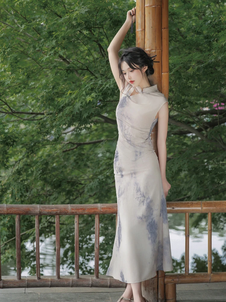 Ladies Modern Cheongsam Ink Elegant Dress Summer Costumes