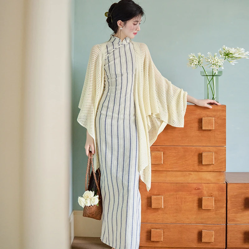 Ladies-Modified-Cheongsam-Dignified-Long-Striped-Dress-Summer-1 Ladies Modified Cheongsam Dignified Long Striped Dress Summer