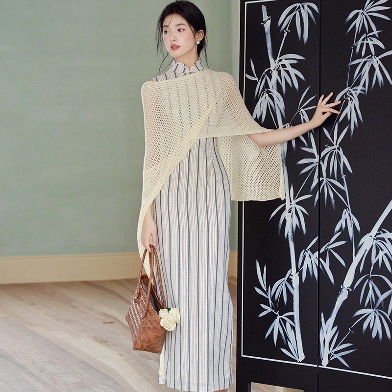 Ladies-Modified-Cheongsam-Dignified-Long-Striped-Dress-Summer-2 Ladies Modified Cheongsam Dignified Long Striped Dress Summer