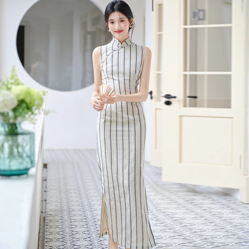 Ladies-Modified-Cheongsam-Dignified-Long-Striped-Dress-Summer-3 Ladies Modified Cheongsam Dignified Long Striped Dress Summer