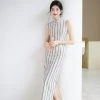 Ladies-Modified-Cheongsam-Dignified-Long-Striped-Dress-Summer-4 Ladies Modified Cheongsam Dignified Long Striped Dress Summer