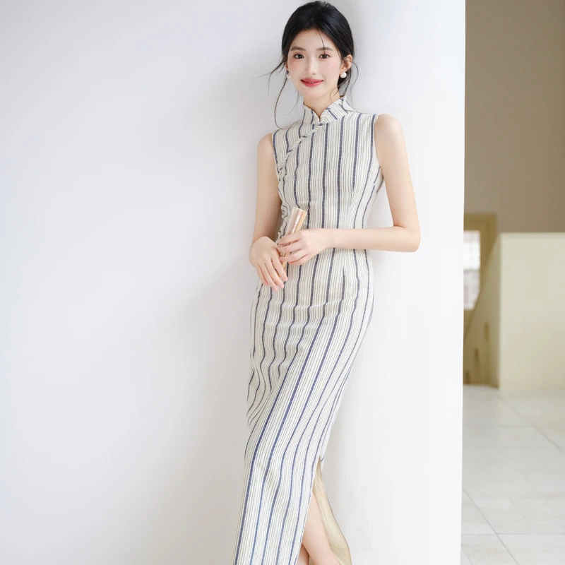 Ladies-Modified-Cheongsam-Dignified-Long-Striped-Dress-Summer-4 Ladies Modified Cheongsam Dignified Long Striped Dress Summer