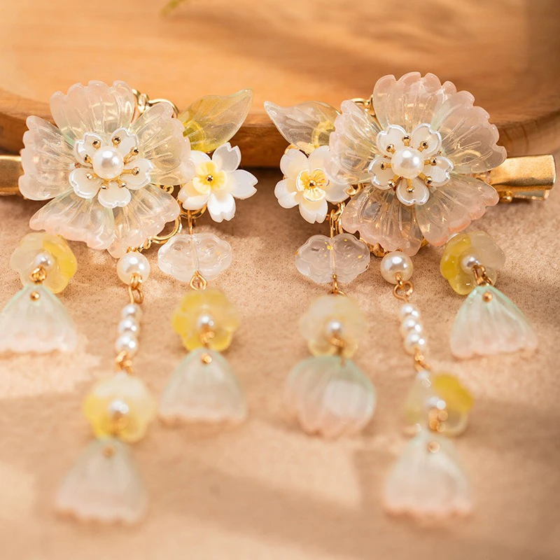 Pink-Hanfu-Girls-Hair-Clips-Flower-Tassel-Headpiece-2 Hanfu Girls Hair Clips Flower Tassel Headpiece