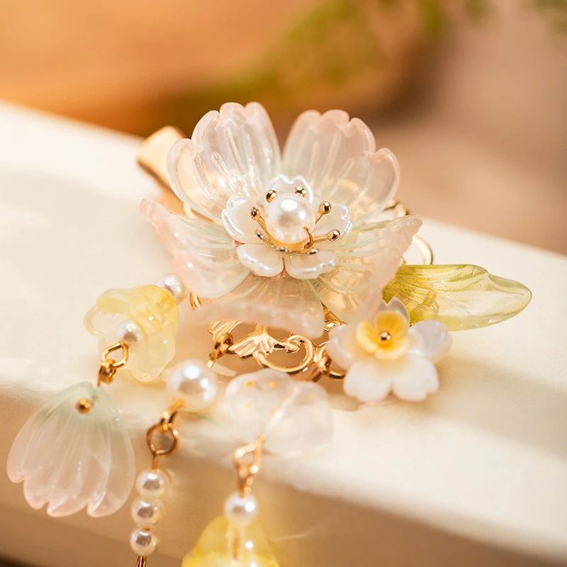 Pink-Hanfu-Girls-Hair-Clips-Flower-Tassel-Headpiece-3 Hanfu Girls Hair Clips Flower Tassel Headpiece