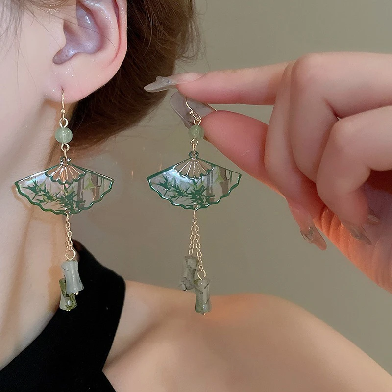 Women-Hanfu-Earrings-Niche-Bamboo-Style-Green-Cheongsam-Earrings-1 Women Hanfu Earrings Niche Bamboo Style Green Cheongsam Earrings