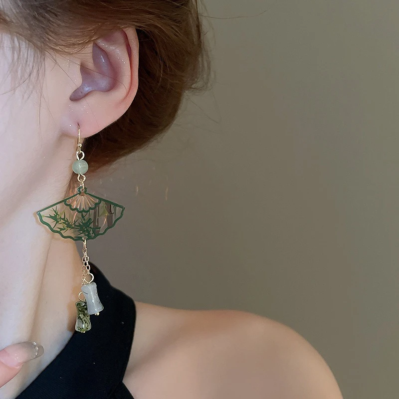 Women Hanfu Earrings Niche Bamboo Style Green Cheongsam Earrings