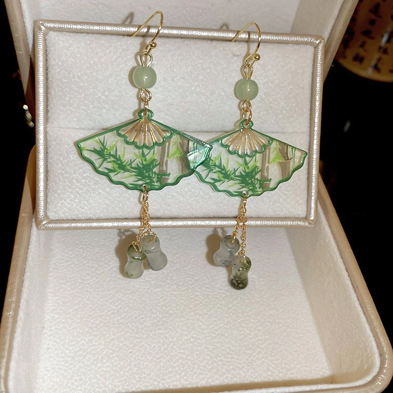 Women Hanfu Earrings Niche Bamboo Style Green Cheongsam Earrings
