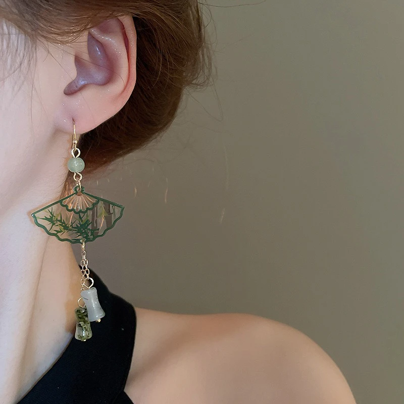 Women Hanfu Earrings Niche Bamboo Style Green Cheongsam Earrings