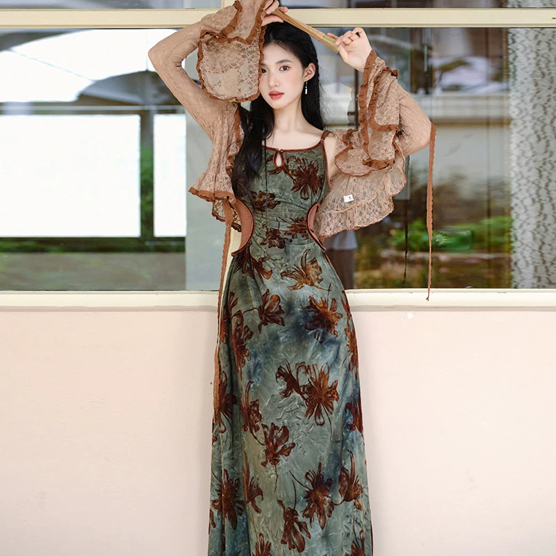 Women-Retro-Dress-Autumn-Slim-Green-Fashion-Shirt-Set-1 Women Retro Dress Autumn Slim Green Fashion Shirt Set