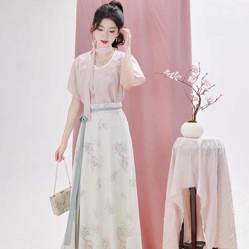 Women-Tang-Dynasty-Hanfu-Summer-Pink-Fashion-Peach-Blossom-Skirt-1 Women Tang Dynasty Hanfu Summer Pink Fashion Peach Blossom Skirt