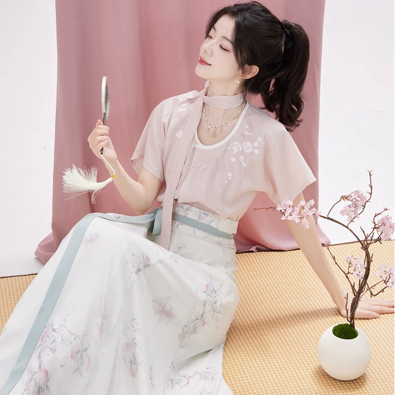 Women-Tang-Dynasty-Hanfu-Summer-Pink-Fashion-Peach-Blossom-Skirt-3 Women Tang Dynasty Hanfu Summer Pink Fashion Peach Blossom Skirt