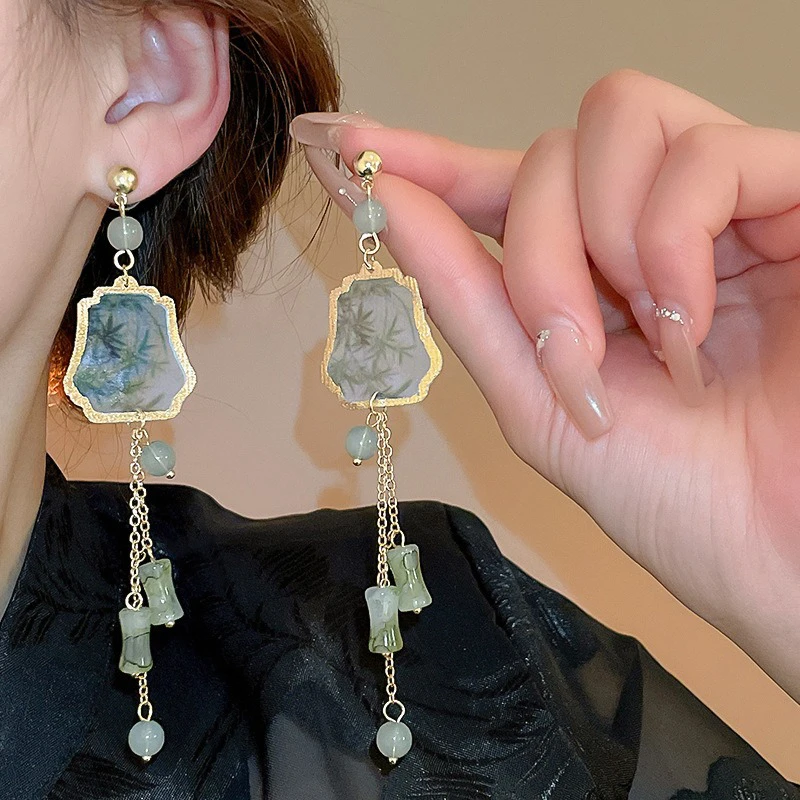 Bamboo-Ink-Painting-Tassel-Earrings-Vintage-Long-Niche-Fashion-Ear-Jewelry-1 Circle Ear Hooks Fashion Geometric Fashion Earrings