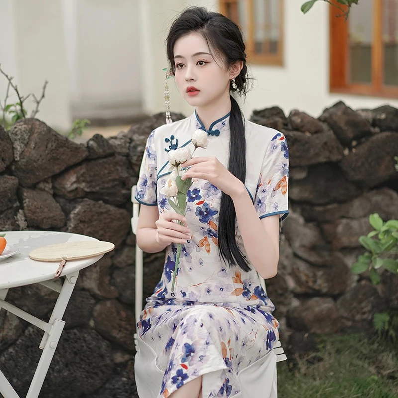Chinese-Dress-Daily-Blue-Dress-Fashion-Breathable-for-Summer-1 Azure Bloom