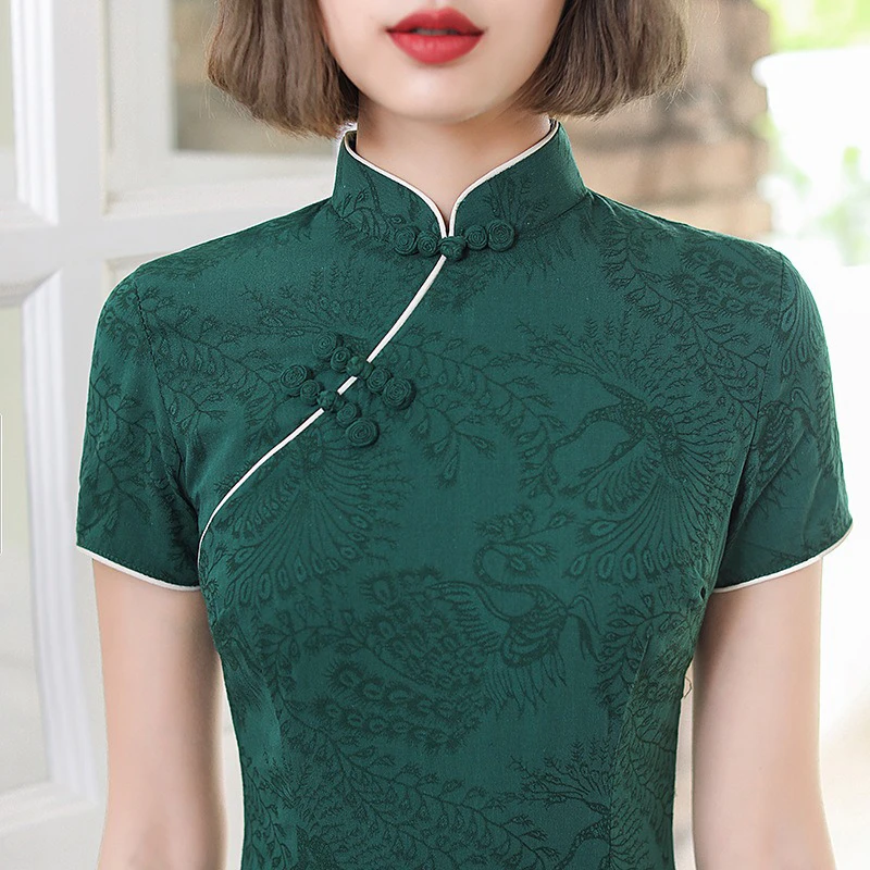 Fashion-Short-Cheongsam-Green-Slim-Summer-Dresses-3 Fashion Short Cheongsam Green Slim Summer Dresses