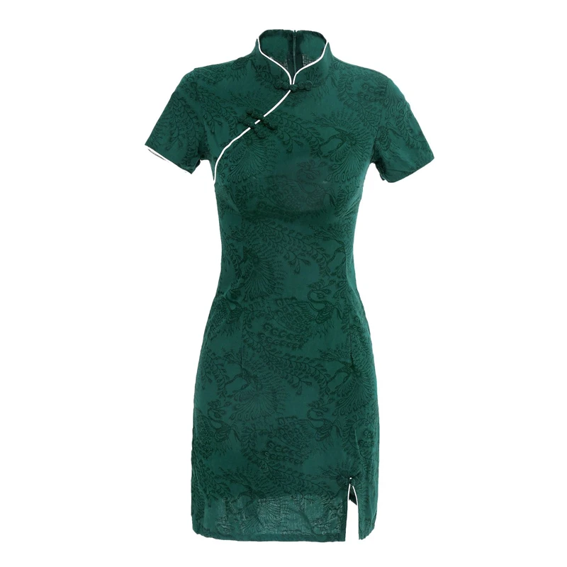 Fashion-Short-Cheongsam-Green-Slim-Summer-Dresses-4 Fashion Short Cheongsam Green Slim Summer Dresses