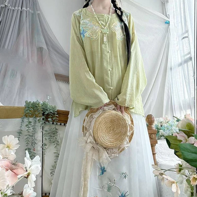 Ming-Dynasty-Hanfu-Women-Embroidered-Round-Neck-Shirt-Ma-Mian-Skirt-Breathable-Daily-1 Ming Dynasty Hanfu Women Embroidered Round Neck Shirt Ma Mian Skirt Breathable Daily