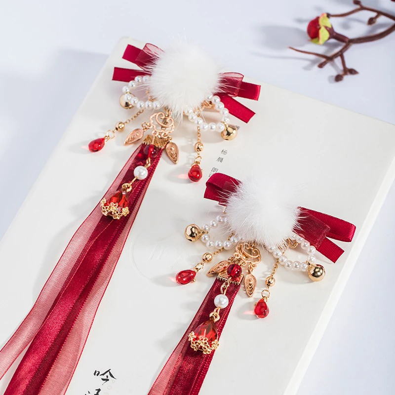 Red-Hairball-Hairclips-Ribbon-Tassel-Plush-Hanfu-Cute-Headdresses-1 Red Hairball Hairclips Ribbon Tassel Plush Hanfu Cute Headdresses