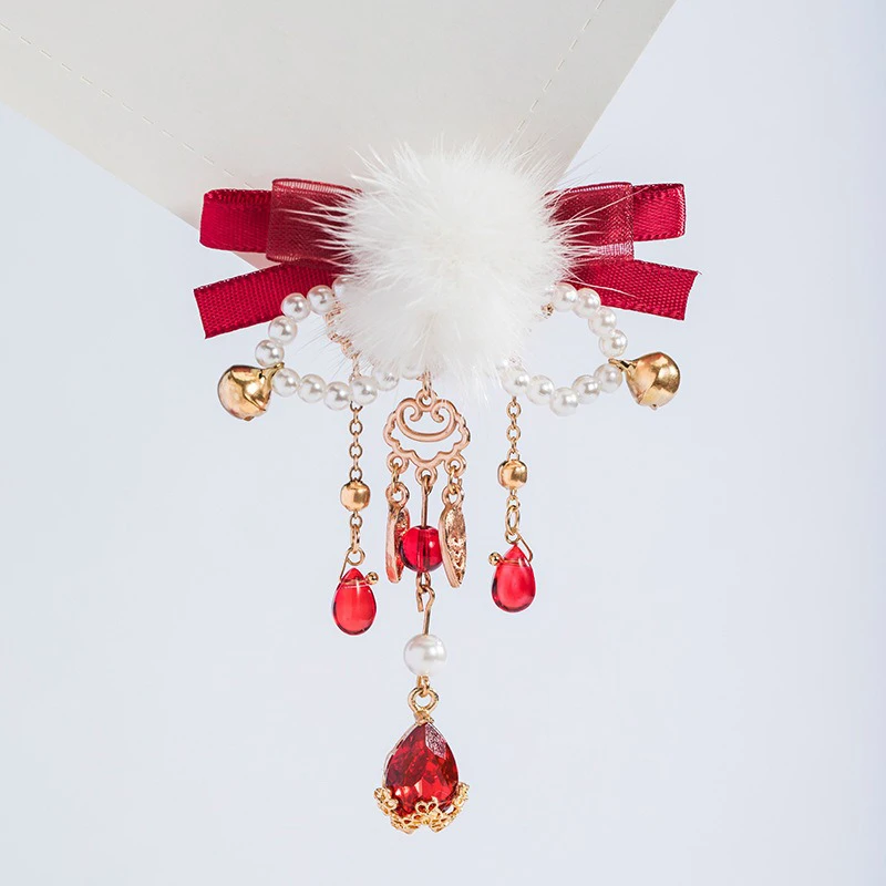 Red-Hairball-Hairclips-Ribbon-Tassel-Plush-Hanfu-Cute-Headdresses-2 Red Hairball Hairclips Ribbon Tassel Plush Hanfu Cute Headdresses