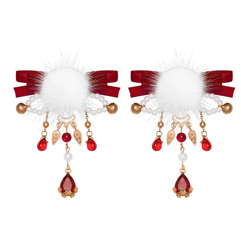 Red-Hairball-Hairclips-Ribbon-Tassel-Plush-Hanfu-Cute-Headdresses-4 Red Hairball Hairclips Ribbon Tassel Plush Hanfu Cute Headdresses