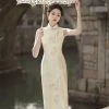Sleeveless-Cheongsam-Ladies-Elegant-Beige-Long-Qipao-2 Sleeveless Cheongsam Ladies Elegant Beige Long Qipao