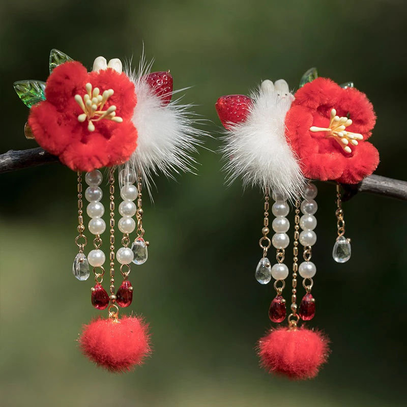 Ancient-Style-Hairball-Hair-Clip-New-Year-Headdress-Children-Red-Jewelry-3 Ancient Style Hairball Hair Clip New Year Headdress Children Red Jewelry