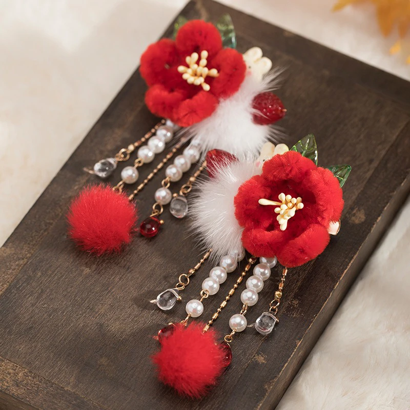 Ancient-Style-Hairball-Hair-Clip-New-Year-Headdress-Children-Red-Jewelry-4 Ancient Style Hairball Hair Clip New Year Headdress Children Red Jewelry