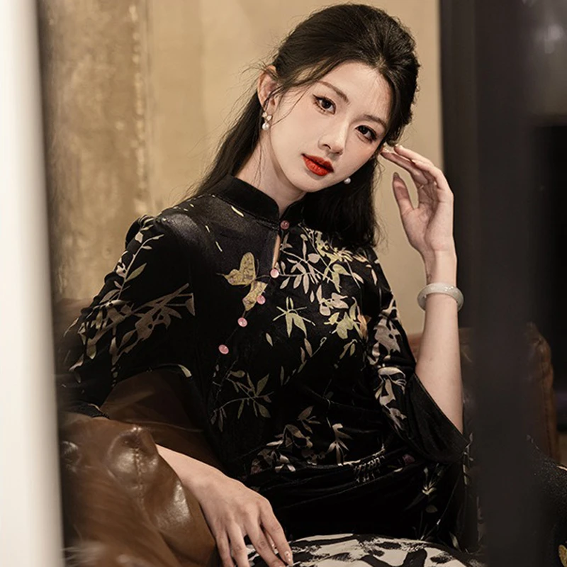 Autumn-Long-Sleeve-High-end-Cheongsam-Retro-Quality-Fishtail-Skirt-1 Autumn Long Sleeve High-end Cheongsam Retro Quality Fishtail Skirt