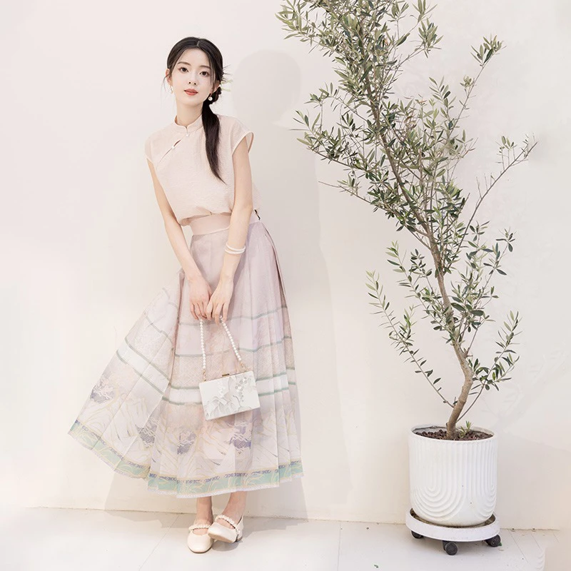 Ladies-Fashion-Hanfu-Ming-Short-Shirt-Ma-Mian-Skirt-Summer-Pink-2 Ladies Fashion Hanfu Ming Short Shirt Ma Mian Skirt Summer Pink