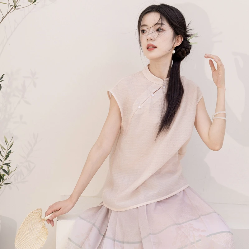 Ladies-Fashion-Hanfu-Ming-Short-Shirt-Ma-Mian-Skirt-Summer-Pink-3 Ladies Fashion Hanfu Ming Short Shirt Ma Mian Skirt Summer Pink