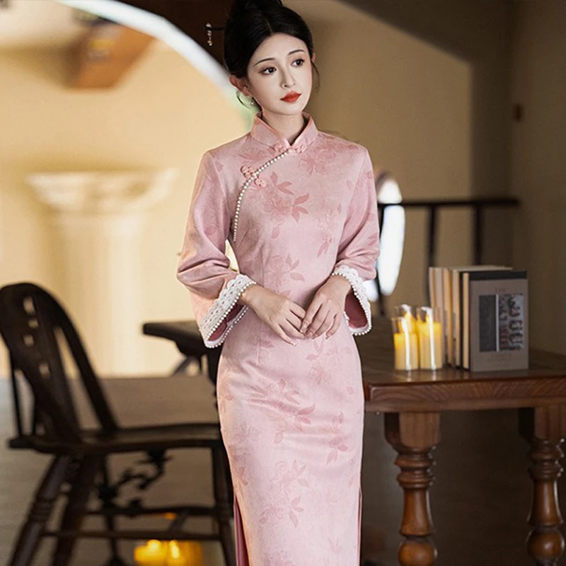 Pink-Cheongsam-New-Ladies-Slim-Daily-Autumn-Dresses-1 Pink Cheongsam New Ladies Slim Daily Autumn Dresses