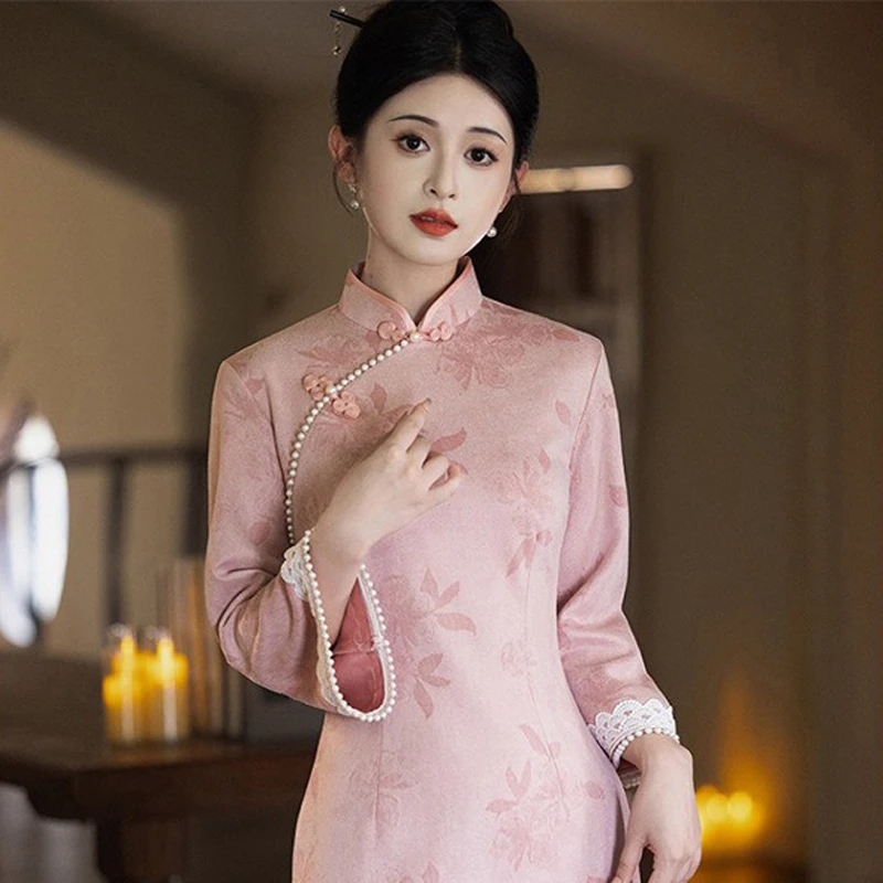 Pink-Cheongsam-New-Ladies-Slim-Daily-Autumn-Dresses-2 Pink Cheongsam New Ladies Slim Daily Autumn Dresses