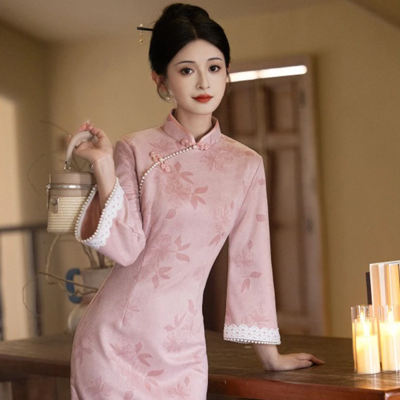 Pink-Cheongsam-New-Ladies-Slim-Daily-Autumn-Dresses-3 Pink Cheongsam New Ladies Slim Daily Autumn Dresses