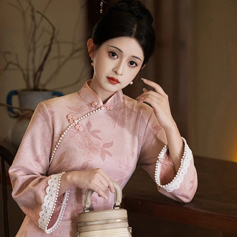 Pink-Cheongsam-New-Ladies-Slim-Daily-Autumn-Dresses-4 Pink Cheongsam New Ladies Slim Daily Autumn Dresses