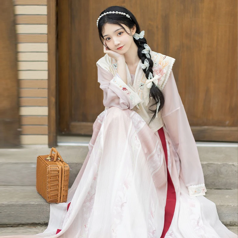 Tang-Dynasty-Ladies-Hanfu-Beizi-Pink-Fairy-Spring-Skirt-2 Tang Dynasty Ladies Hanfu Beizi Pink Fairy Spring Skirt
