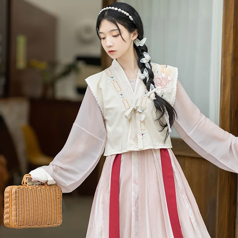 Tang-Dynasty-Ladies-Hanfu-Beizi-Pink-Fairy-Spring-Skirt-3 Tang Dynasty Ladies Hanfu Beizi Pink Fairy Spring Skirt