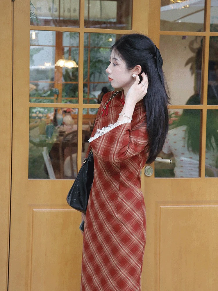 Women Autumn Cheongsam Red Plaid Style Large Sleeve Girls Slim Qipao Dresses