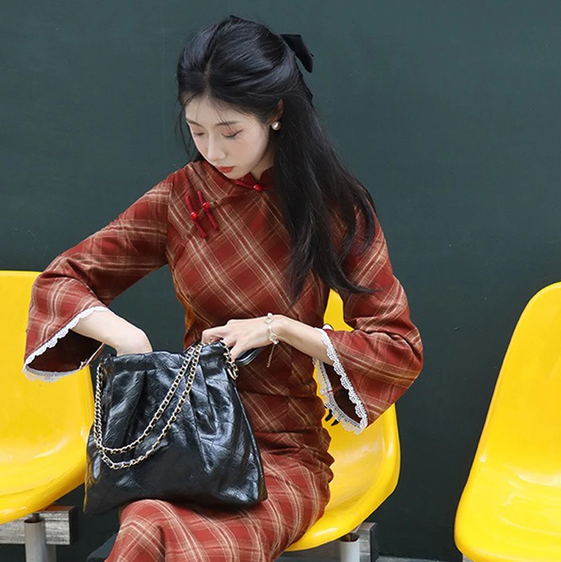 Women-Autumn-Cheongsam-Red-Plaid-Style-Large-Sleeve-Girls-Slim-Qipao-Dresses-2 Women Autumn Cheongsam Red Plaid Style Large Sleeve Girls Slim Qipao Dresses