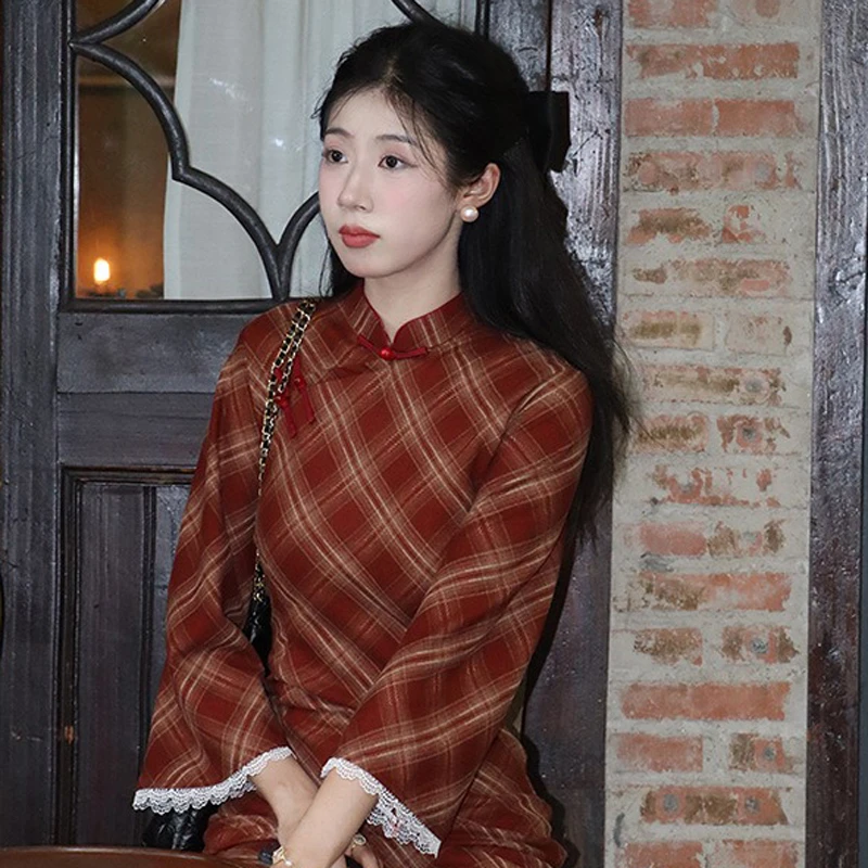 Women-Autumn-Cheongsam-Red-Plaid-Style-Large-Sleeve-Girls-Slim-Qipao-Dresses-4 Women Autumn Cheongsam Red Plaid Style Large Sleeve Girls Slim Qipao Dresses