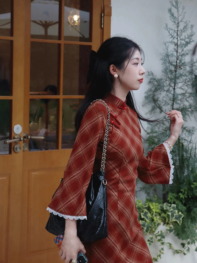 Women Autumn Cheongsam Red Plaid Style Large Sleeve Girls Slim Qipao Dresses