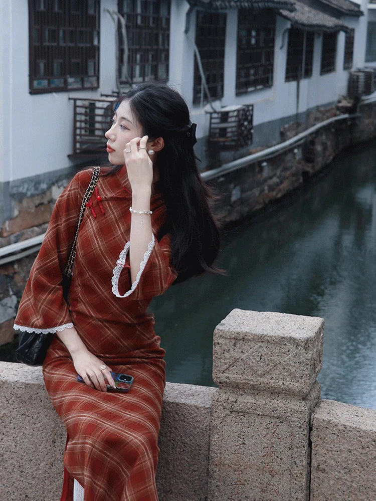 Women Autumn Cheongsam Red Plaid Style Large Sleeve Girls Slim Qipao Dresses